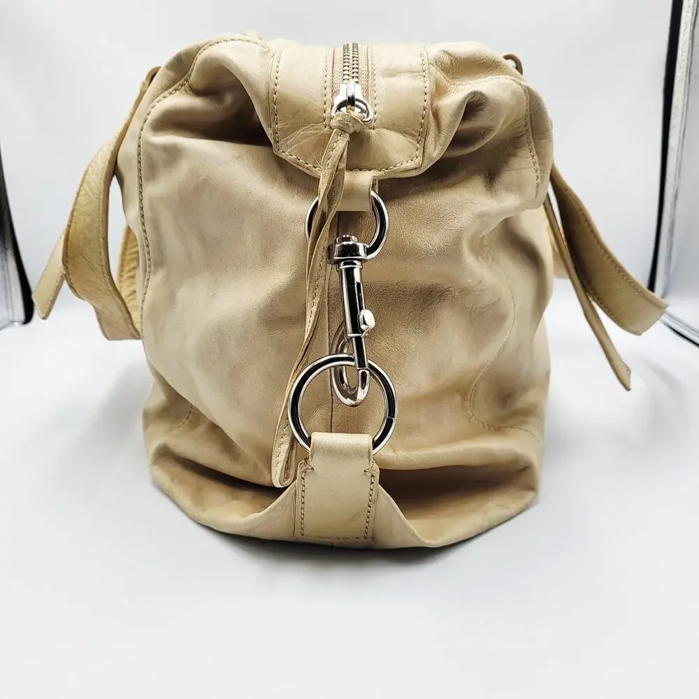 Club Monaco Beige 100% Leather Slouchy Satchel Handbag Gathered Side Detail